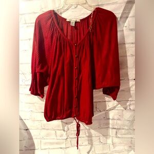 Burgundy / Rust Red Light Button Front Peasant Top